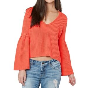 Free People Coral Orange Bell Sleeve Boxy Cropped Sweater
